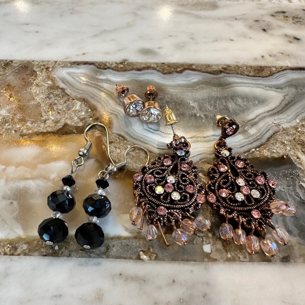 3007 Chic Pink and Black Crystal Set of 3 Pairs Earrings